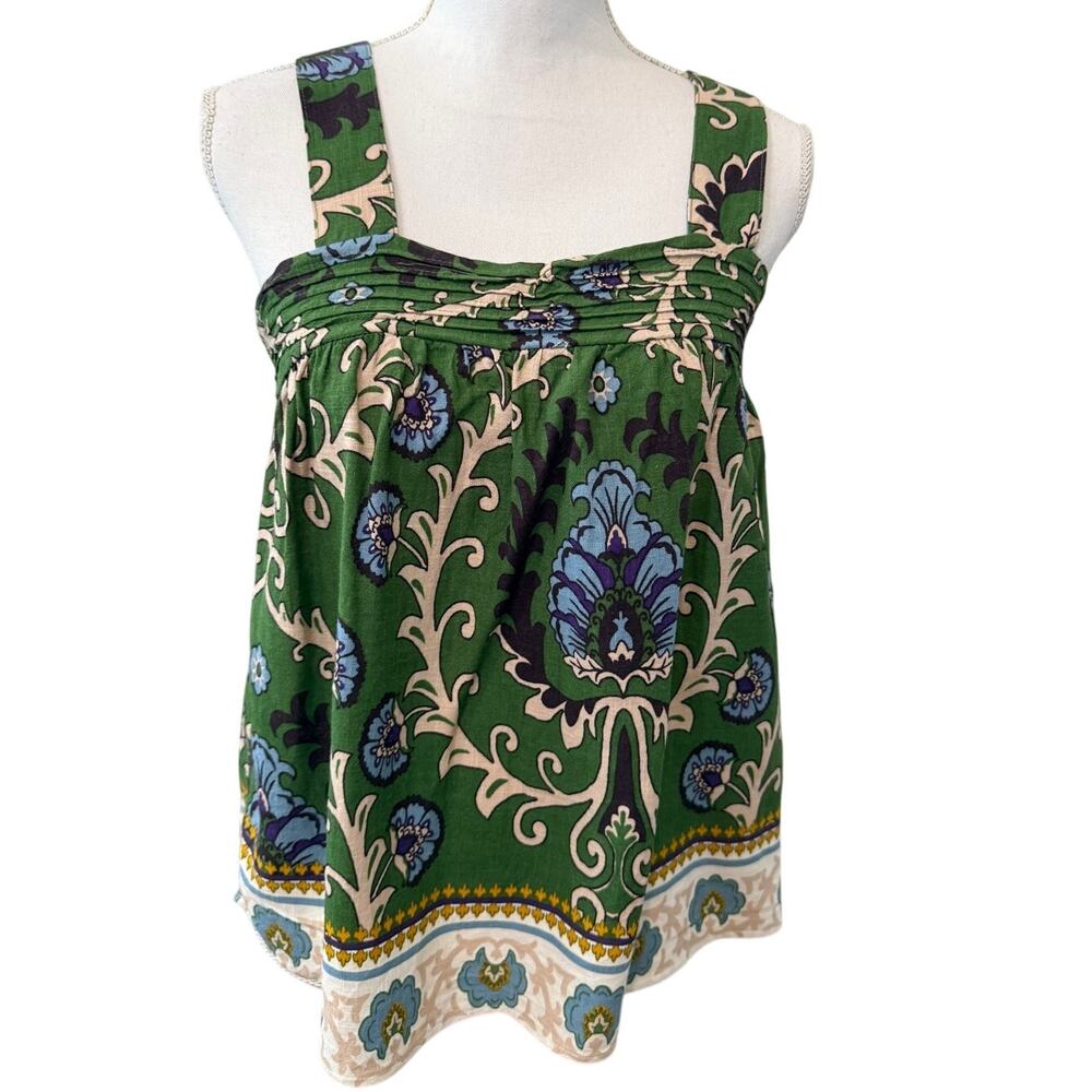 Sanctuary Casual Linen Blend Sleeveless Babydoll Top Green Boho Print